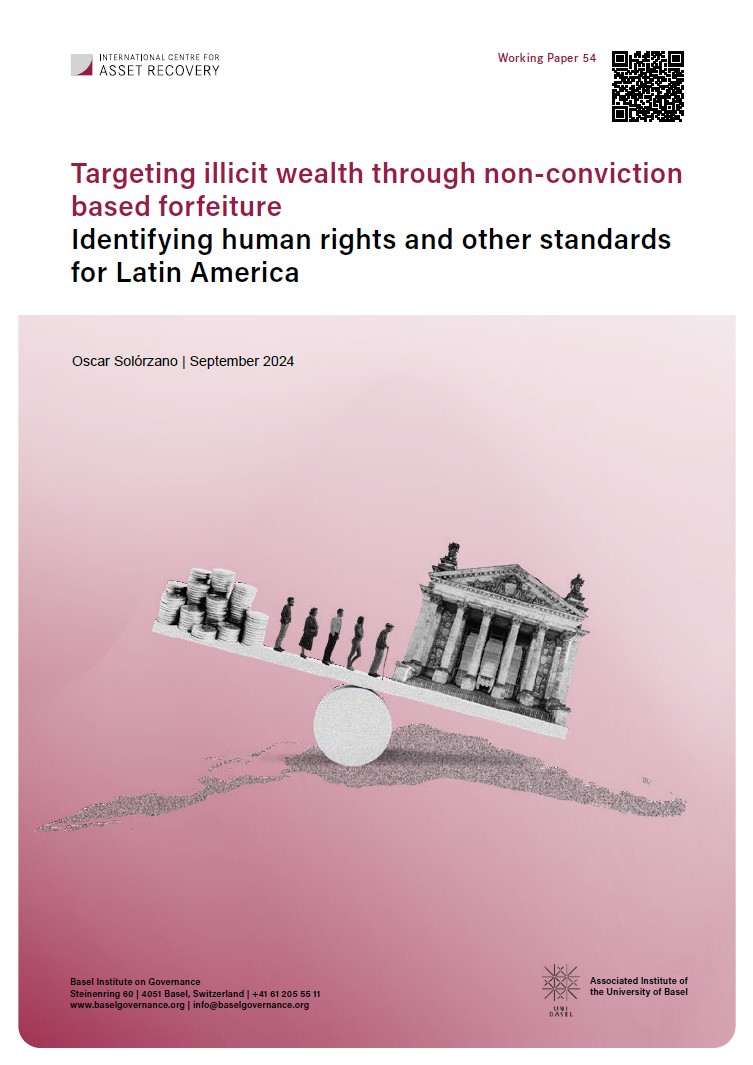 Cover page of Working Paper 54, showing a collage with different elements including a scale, illicit assets, human beings, a court and the outline of Latin America