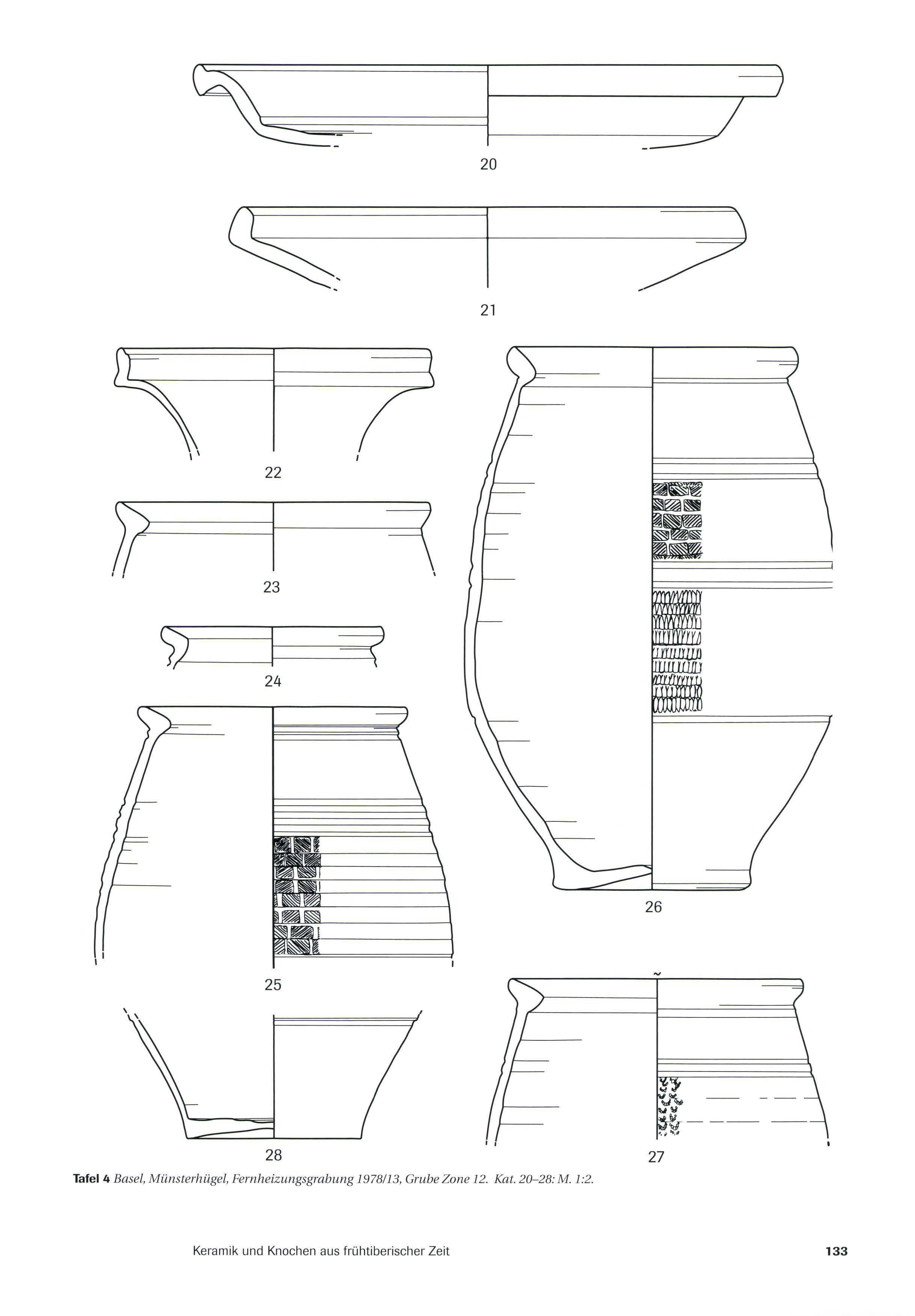 Wissenschaftliche Zeichnungen der Keramikfunde aus der Grube